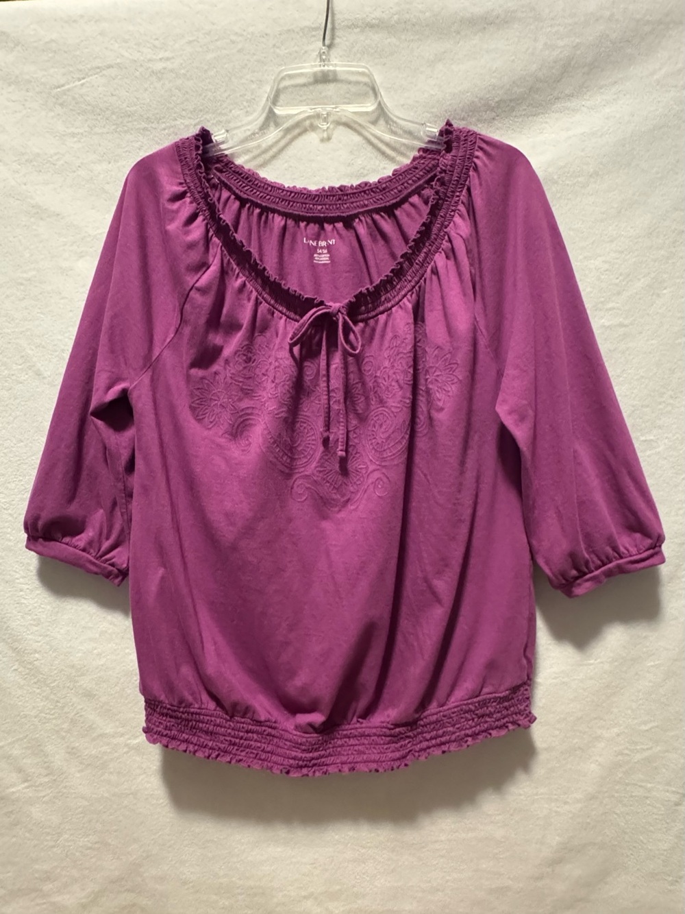 Lane Bryant Plus Blouse 14/16 Purple Embroidered 3/4 Sleeve Cottagecore Peasant